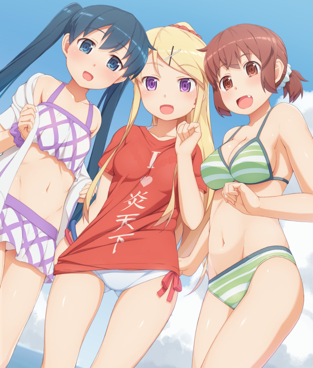 bikini, cleavage, inokuma_youko, kin-iro_mosaic, komichi_aya, kujou_karen, swimsuits, tachimi_(basue)