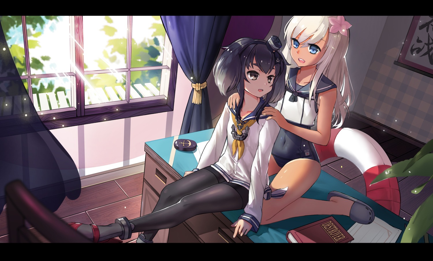 kantai_collection, pantyhose, ro-500, school_swimsuit, seifuku, swimsuits, tan_lines, tokitsukaze_(kancolle)