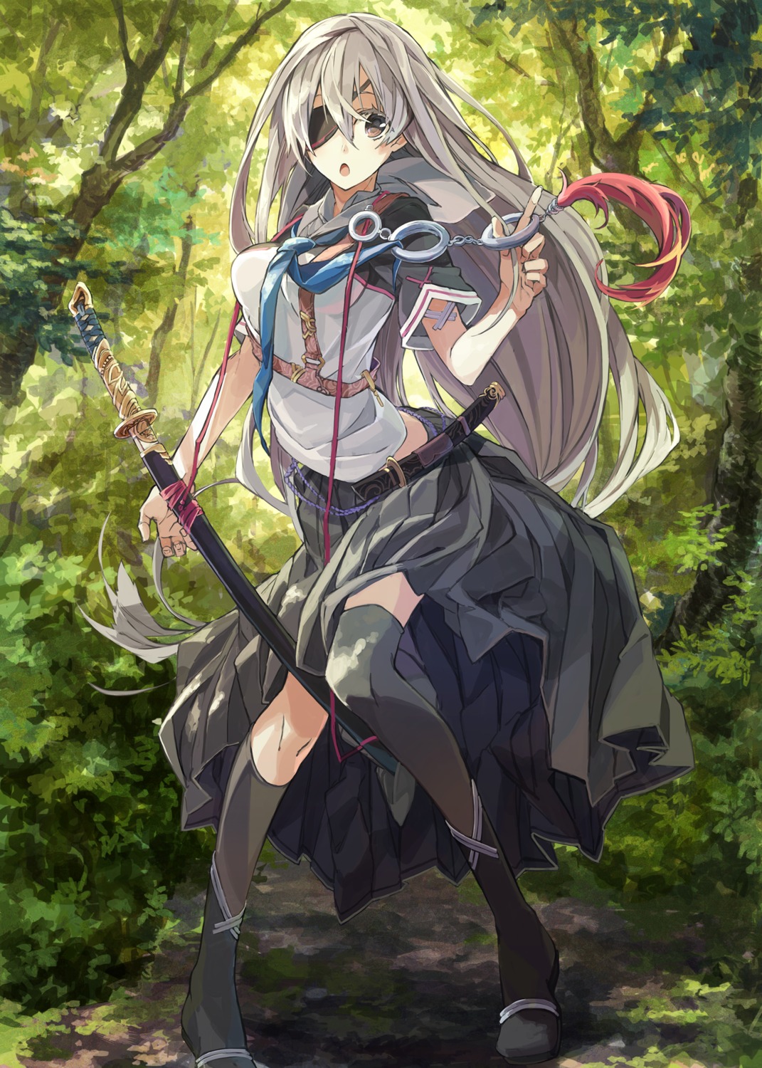 eyepatch, falsehood, million_arthur_irakon_ken, seifuku, sword, thighhighs
