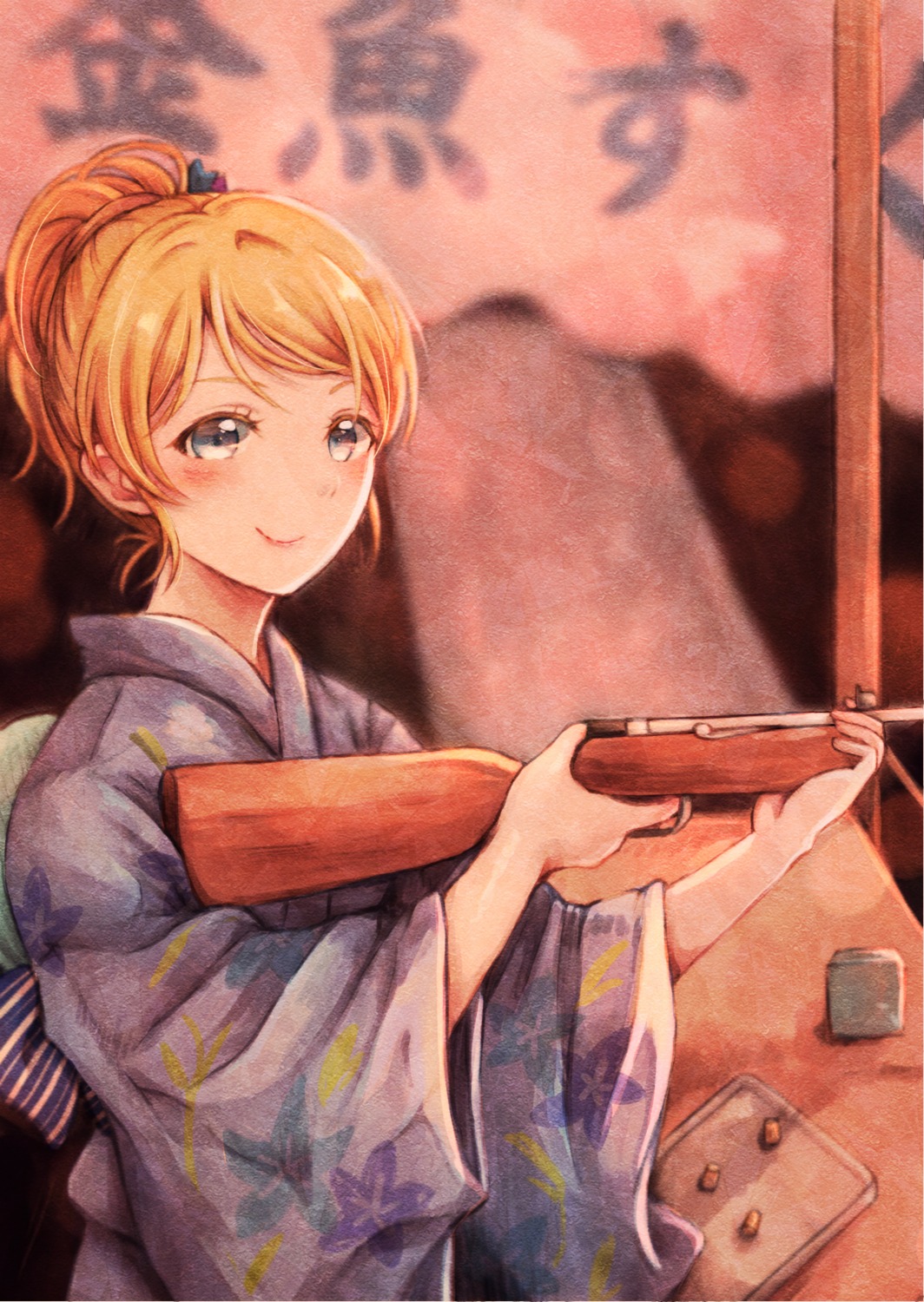 ayase_eli, gun, lilylion26, love_live!, love_live!_(series), yukata