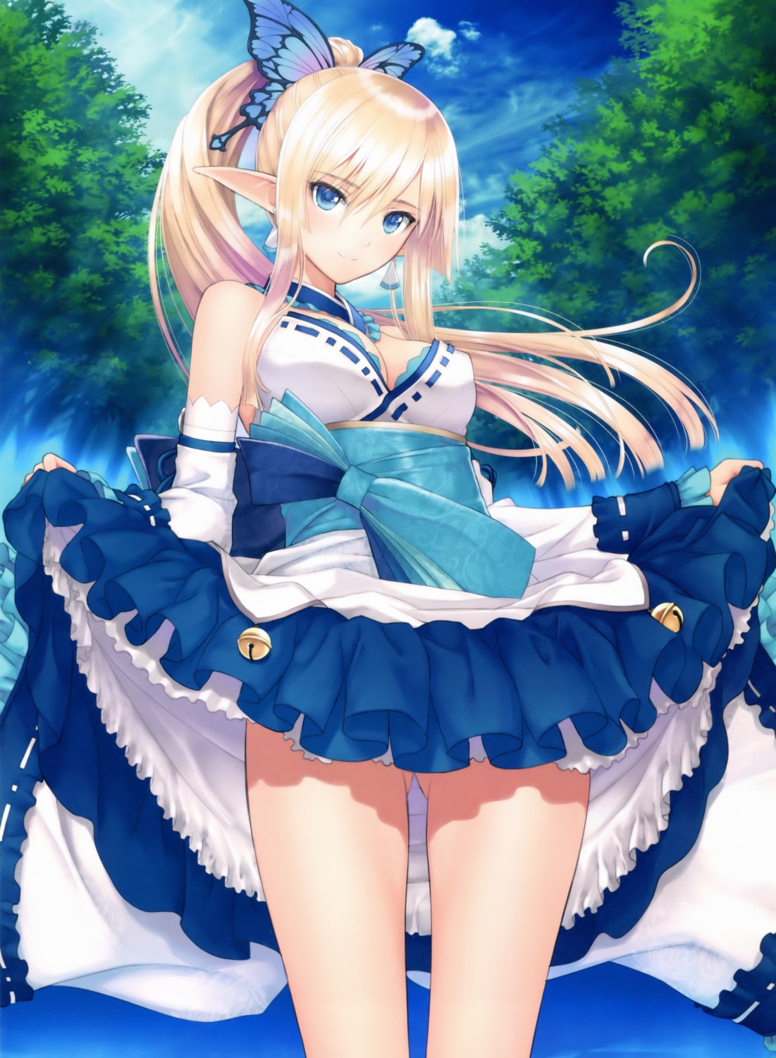 cleavage, dress, kirika_towa_alma, pointy_ears, shining_resonance, skirt_lift, tony_taka