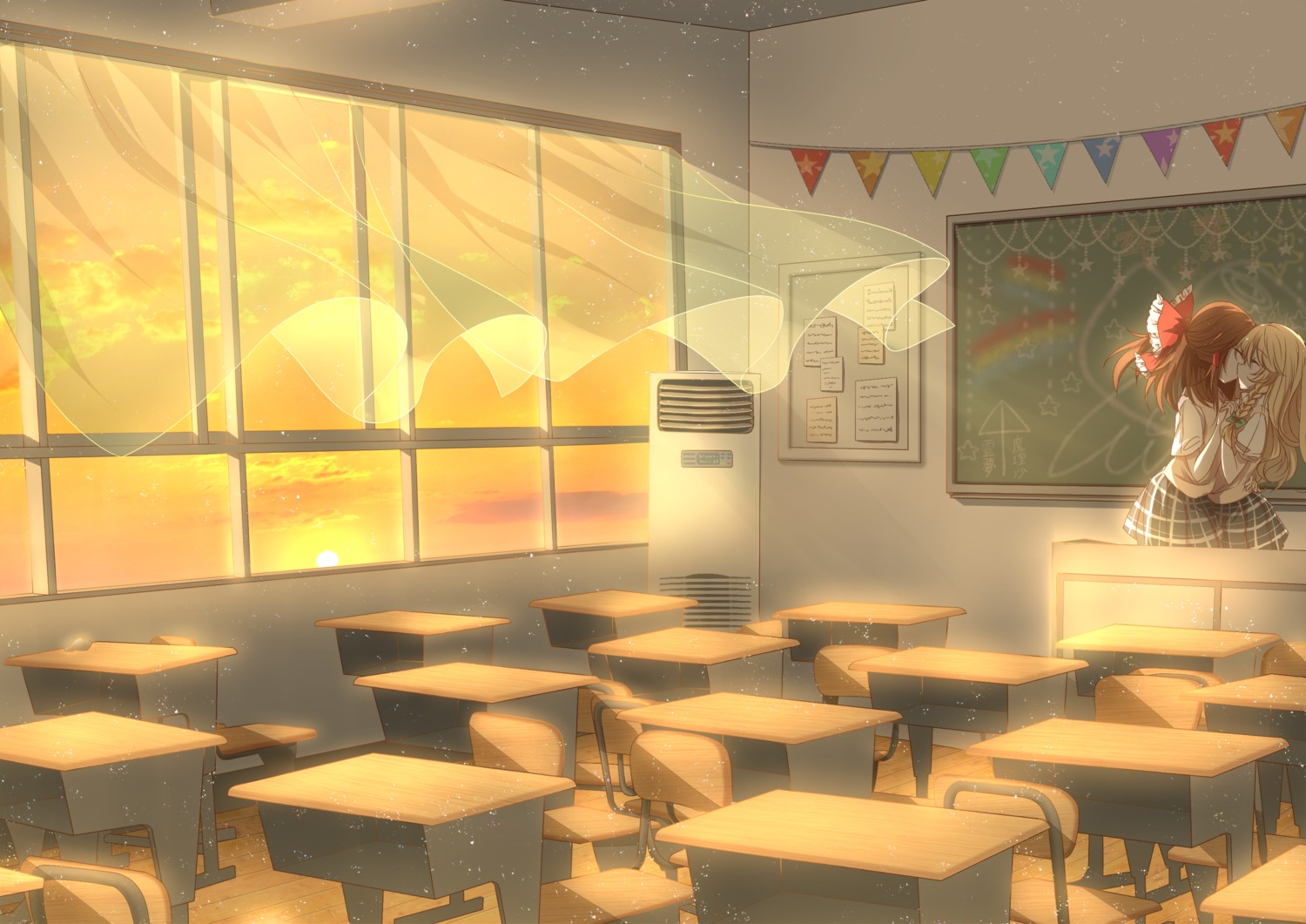 3000kojun, hakurei_reimu, kirisame_marisa, landscape, seifuku, touhou, yuri