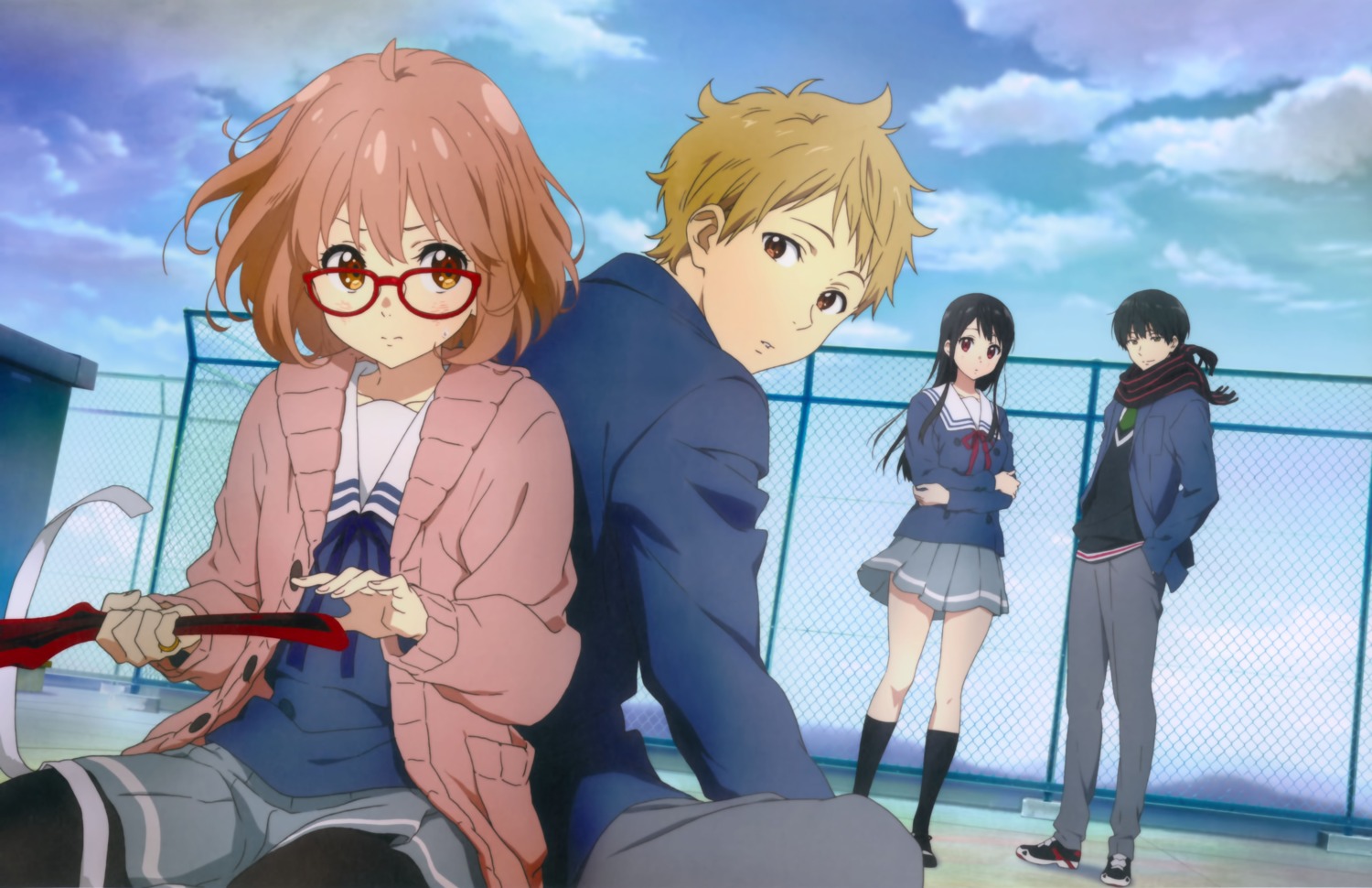 kadowaki_miku, kanbara_akihito, kuriyama_mirai, kyoukai_no_kanata, megane, nase_hiroomi, nase_mitsuki, pantyhose
