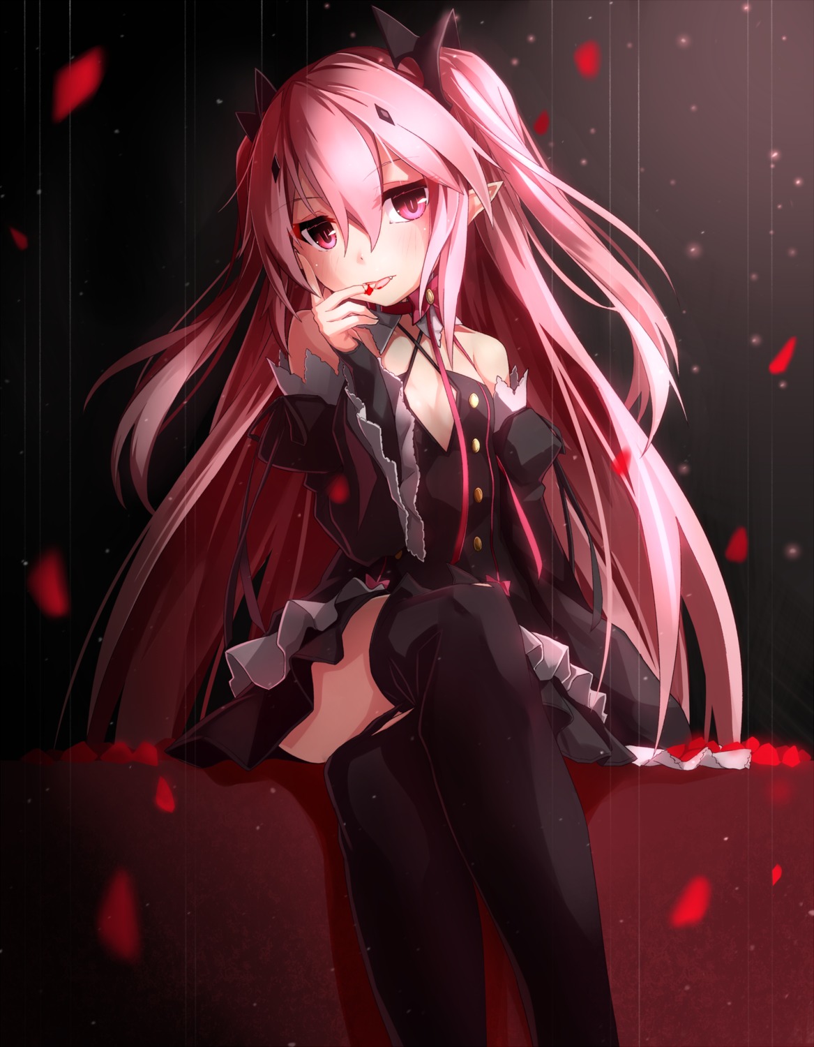 blood, cleavage, dress, krul_tepes, no_bra, owari_no_seraph, pointy_ears, stockings, takanashi_kei_(hitsujikan), thighhighs