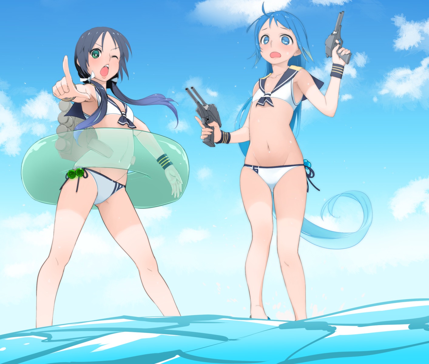 bikini, gun, kantai_collection, samidare_(kancolle), sdmaiden, suzukaze_(kancolle), swimsuits, wet