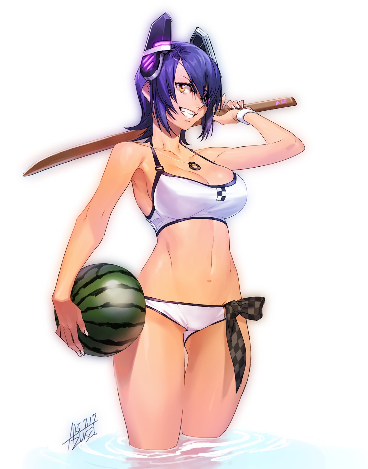 azusa, bikini, cleavage, eyepatch, kantai_collection, swimsuits, sword, tenryuu_(kancolle), wet
