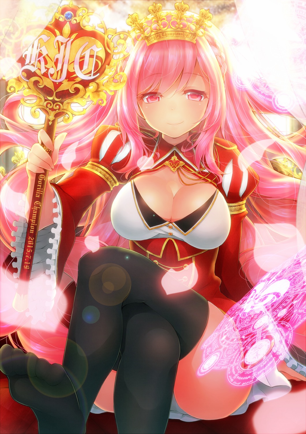 cleavage, dress, katoma, pantsu, rasis, sound_voltex, thighhighs, weapon