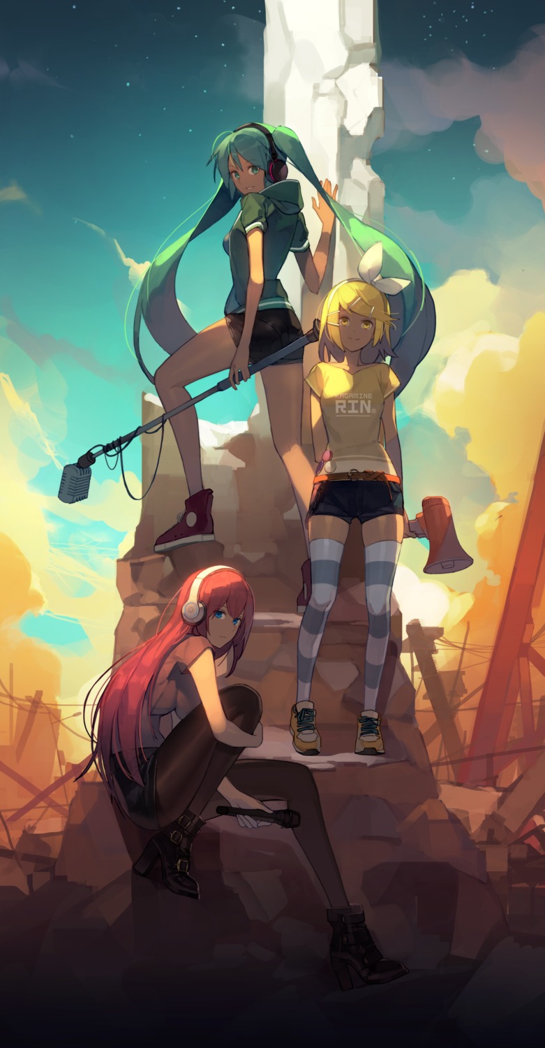hatsune_miku, headphones, jandy, kagamine_rin, megurine_luka, pantyhose, thighhighs, vocaloid