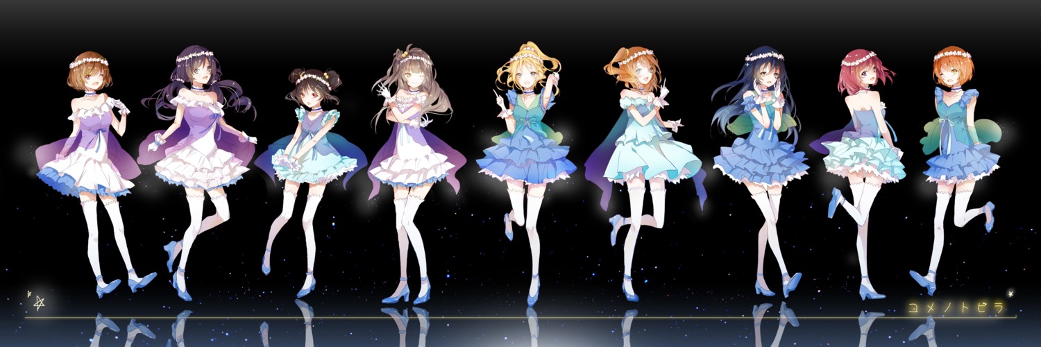 ayase_eli, cleavage, dress, heels, hoshizora_rin, kinokohime, koizumi_hanayo, kousaka_honoka, love_live!, love_live!_(series), minami_kotori, nishikino_maki, sonoda_umi, thighhighs, toujou_nozomi, yazawa_nico