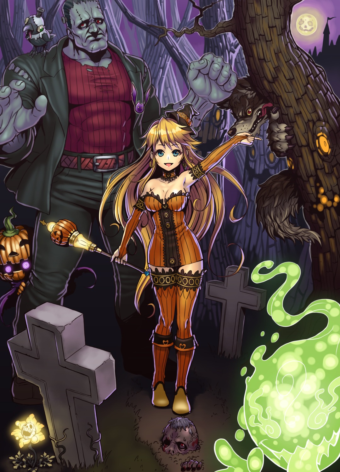 chou_denji_mayuge, cleavage, dress, halloween, thighhighs, witch