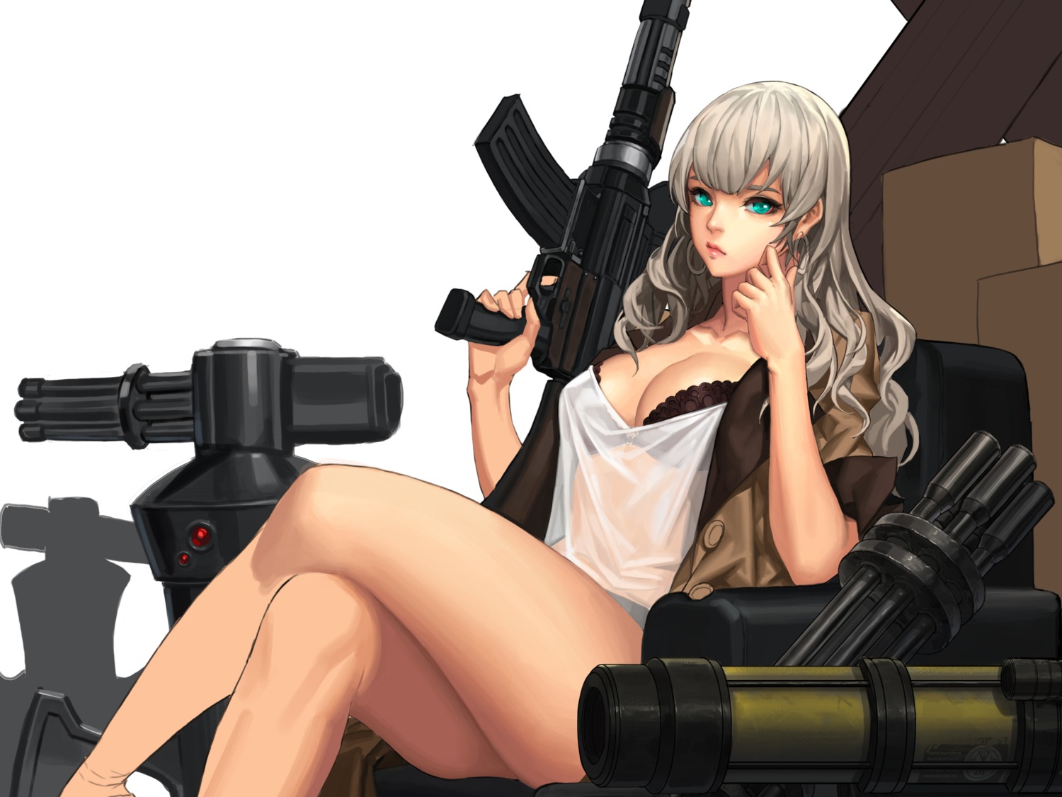 bra, cleavage, daeho_cha, gun, hero_warz, open_shirt, see_through, weapon