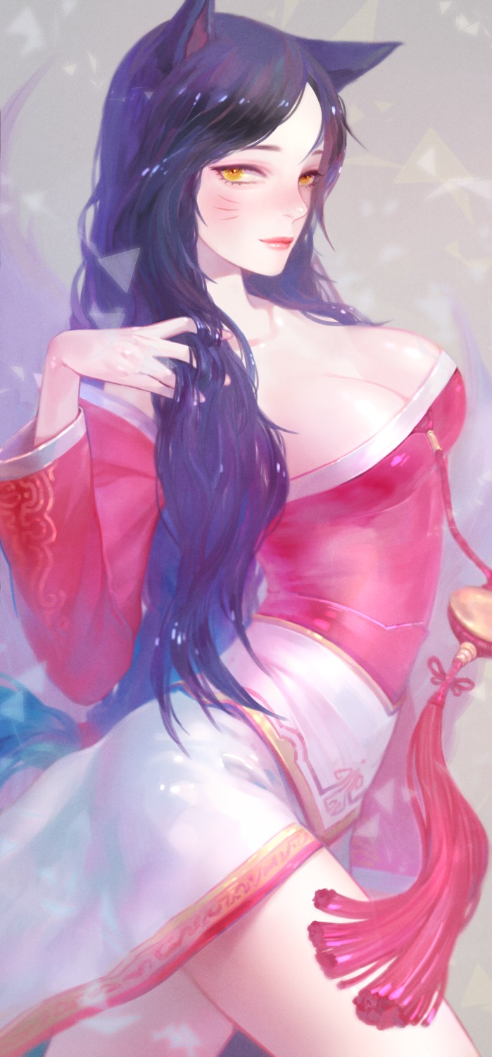 ahri, animal_ears, asian_clothes, cleavage, heather37, league_of_legends