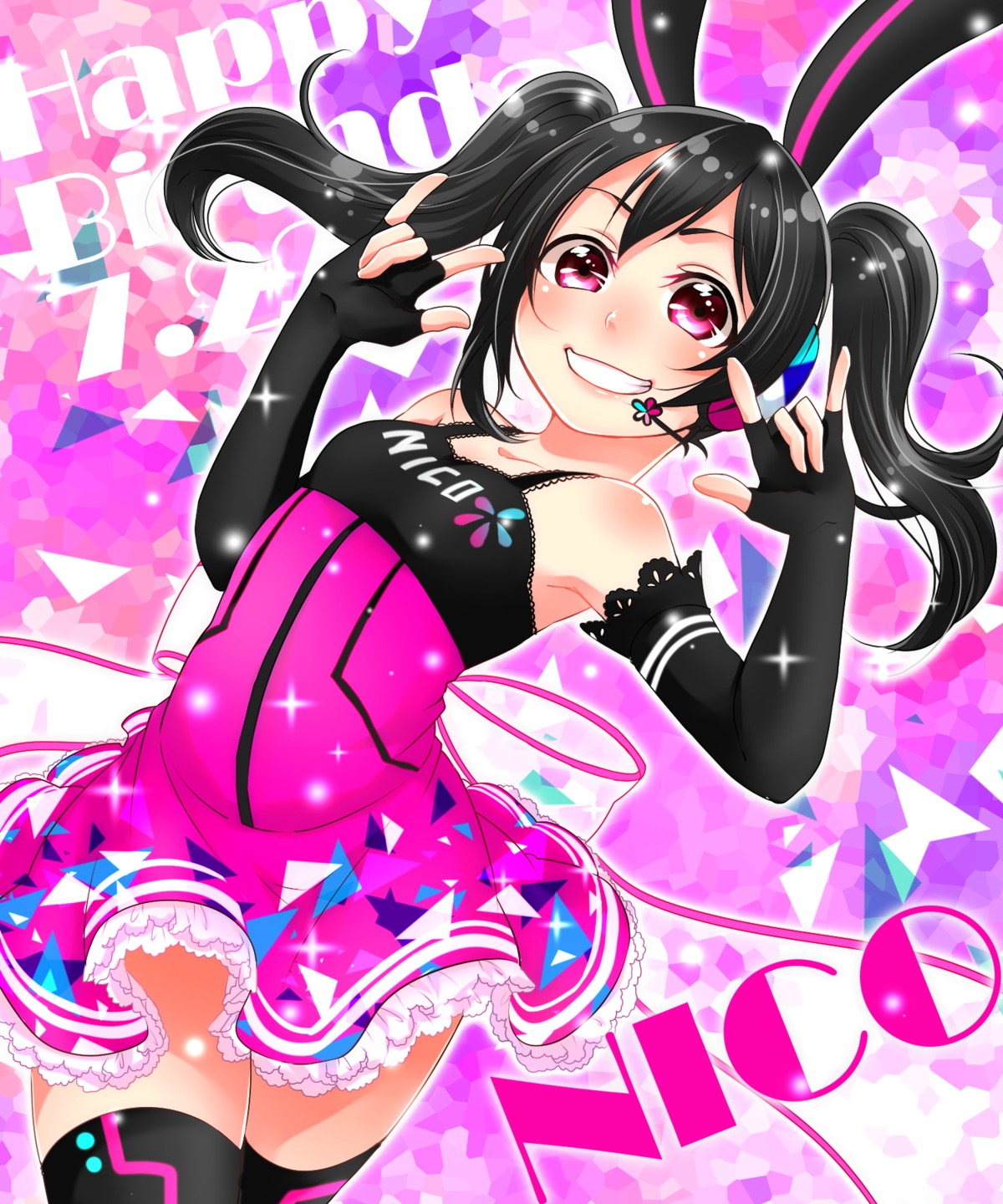 animal_ears, bunny_ears, dress, headphones, love_live!, love_live!_(series), mutsuki_uto, thighhighs, yazawa_nico