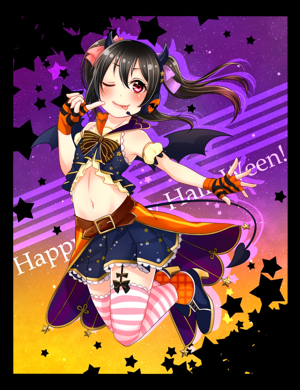 halloween, headphones, heels, horns, love_live!, love_live!_(series), mutsuki_uto, stockings, tail, thighhighs, wings, yazawa_nico