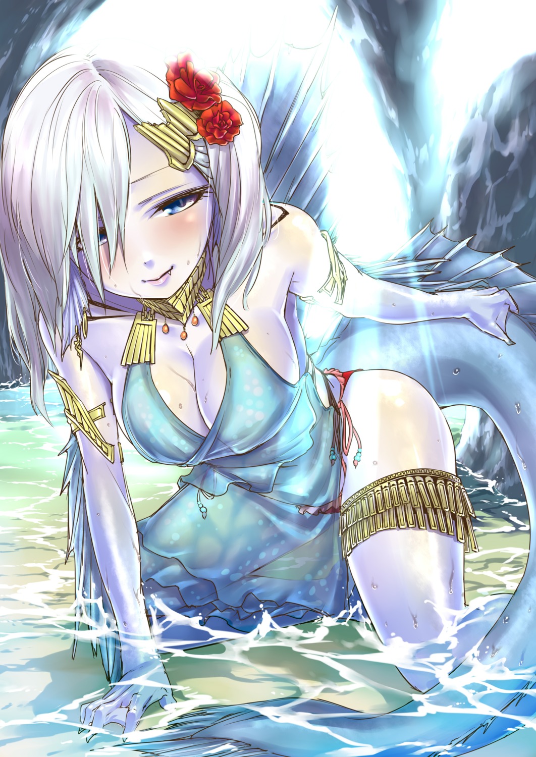 cleavage, dress, erect_nipples, garter, monster_girl, nekotama1987, no_bra, pantsu
