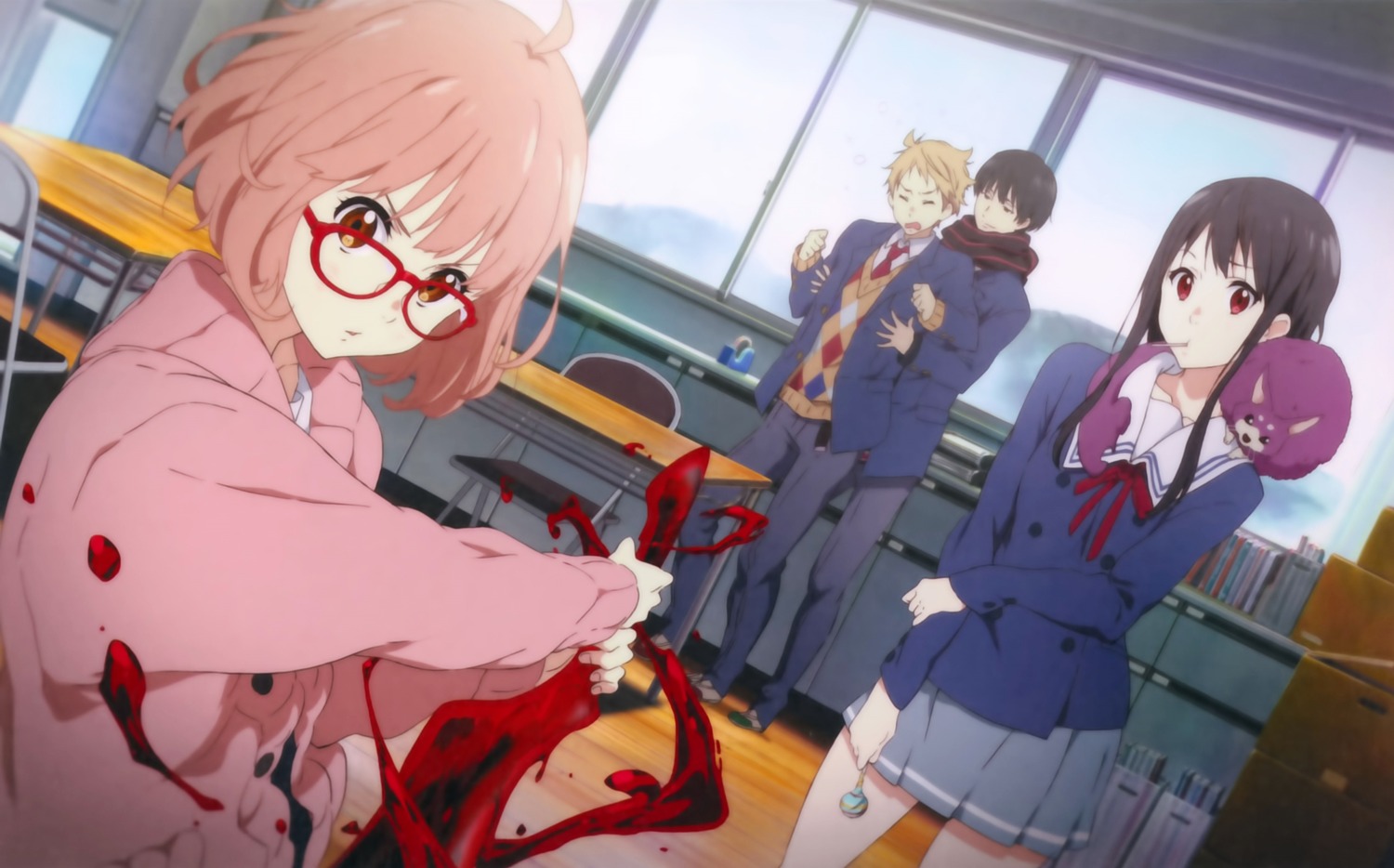 blood, kanbara_akihito, kuriyama_mirai, kyoukai_no_kanata, megane, nase_hiroomi, nase_mitsuki, overfiltered