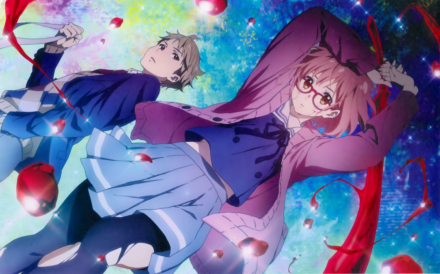 blood, kadowaki_miku, kanbara_akihito, kuriyama_mirai, kyoukai_no_kanata, megane, overfiltered, pantyhose
