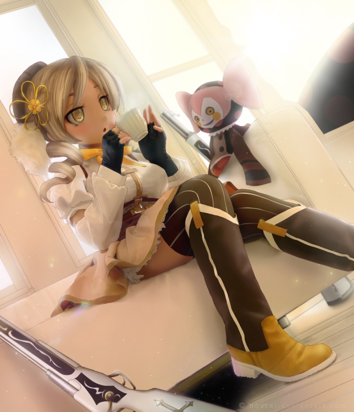 charlotte_(madomagi), gun, mahou_shoujo_madoka_magica, novcel, thighhighs, tomoe_mami