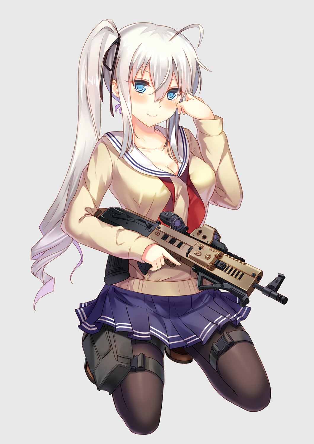 cleavage, gun, pantyhose, seifuku, yongheng_zhi_wu