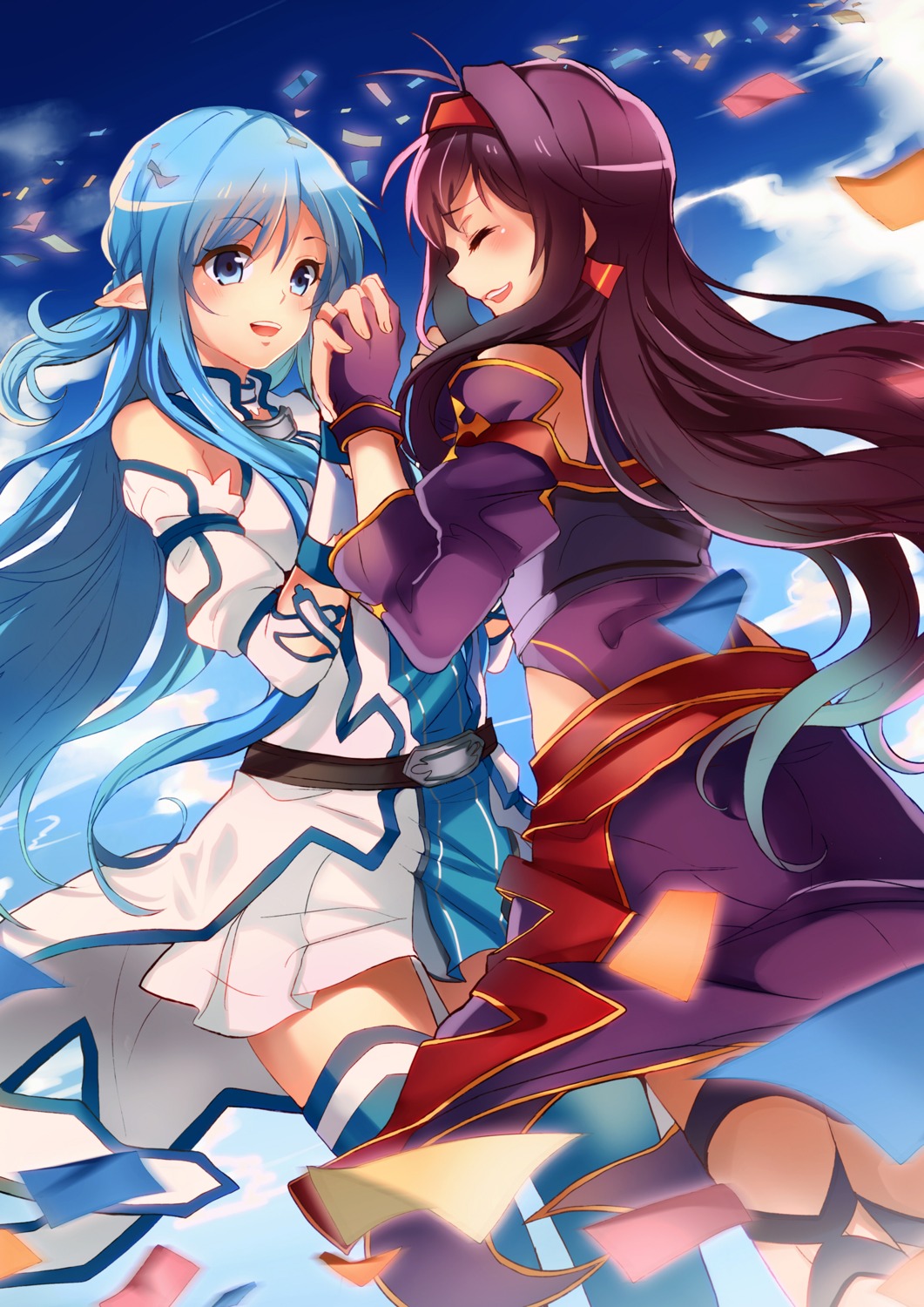alfheim_online, asuna_(sword_art_online), dress, kagura_kurosaki, konno_yuuki, pointy_ears, sword_art_online, thighhighs