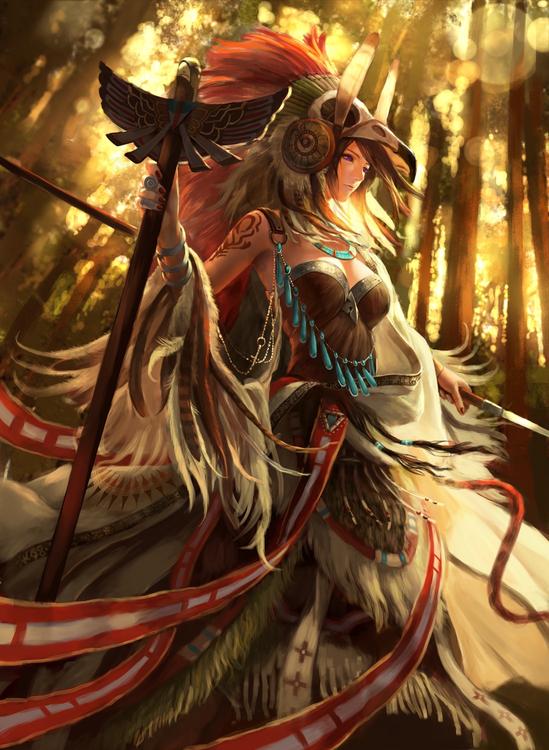 armor, cleavage, shogo_(shogo), tattoo, weapon