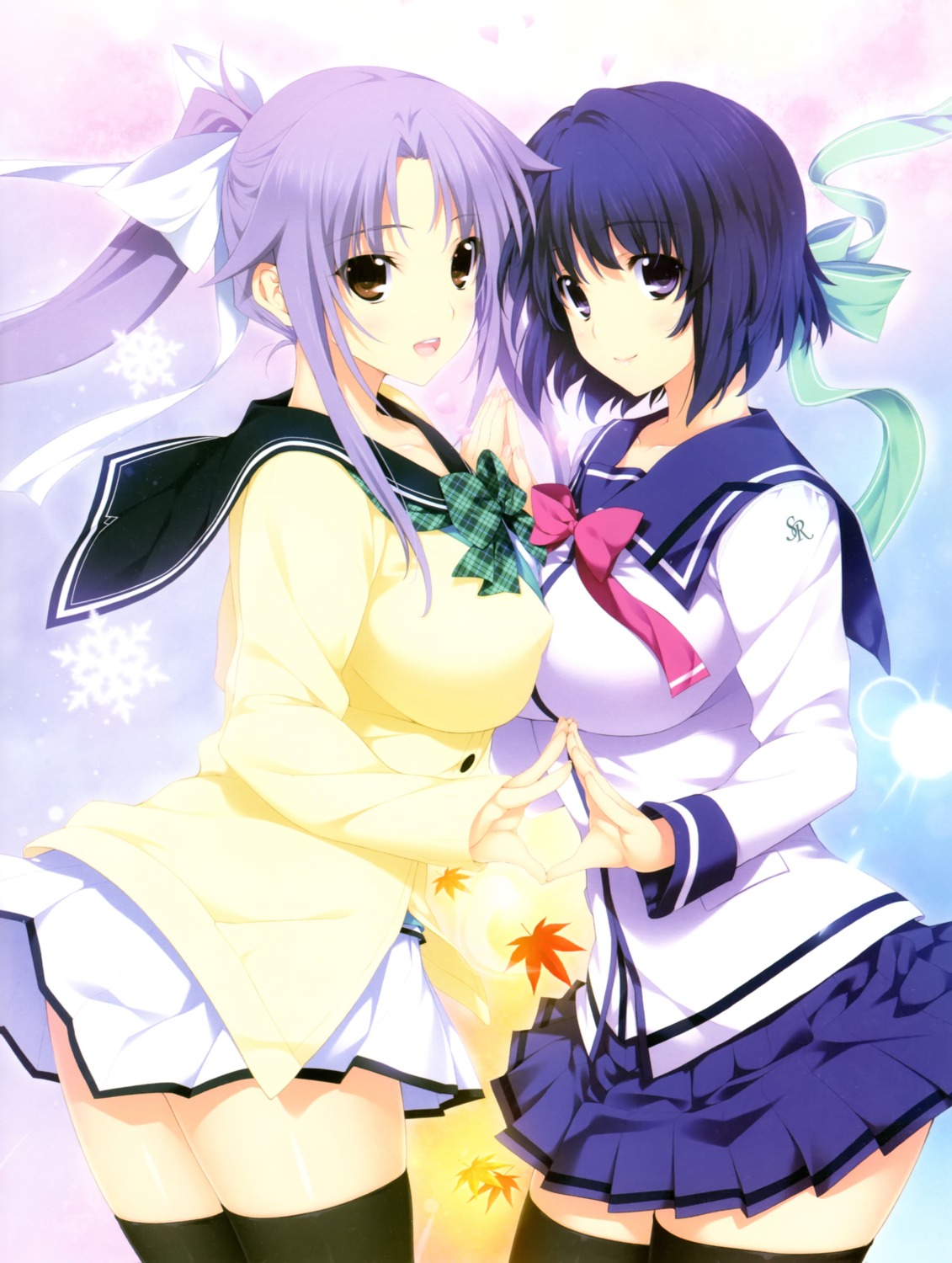 crossover, hibiki_works, iizuki_tasuku, lovely_x_cation, lovely_x_cation_2, nanasawa_yuni, narukawa_hime, scanning_artifacts, seifuku, symmetrical_docking, thighhighs