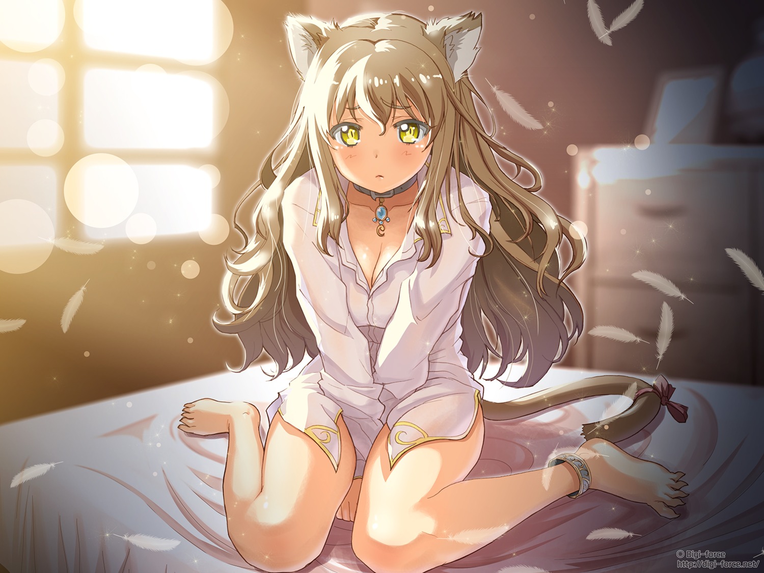 animal_ears, cleavage, dress_shirt, feet, kimura_shigetaka, nekomimi, tail, wallpaper
