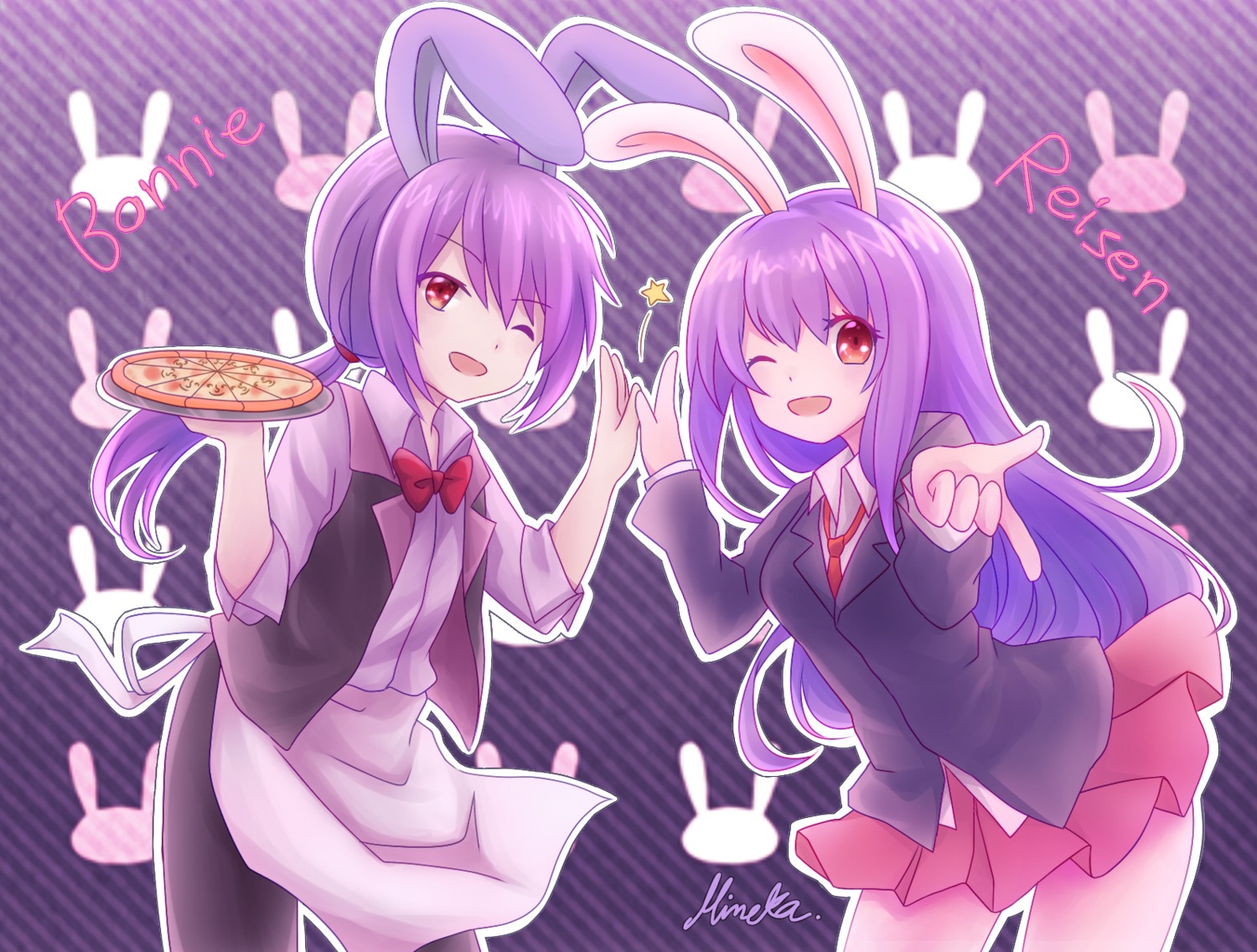 animal_ears, bonnie_(five_nights_at_freddy's), bunny_ears, crossover, five_nights_at_freddy's, moeno_himeka, reisen_udongein_inaba, seifuku