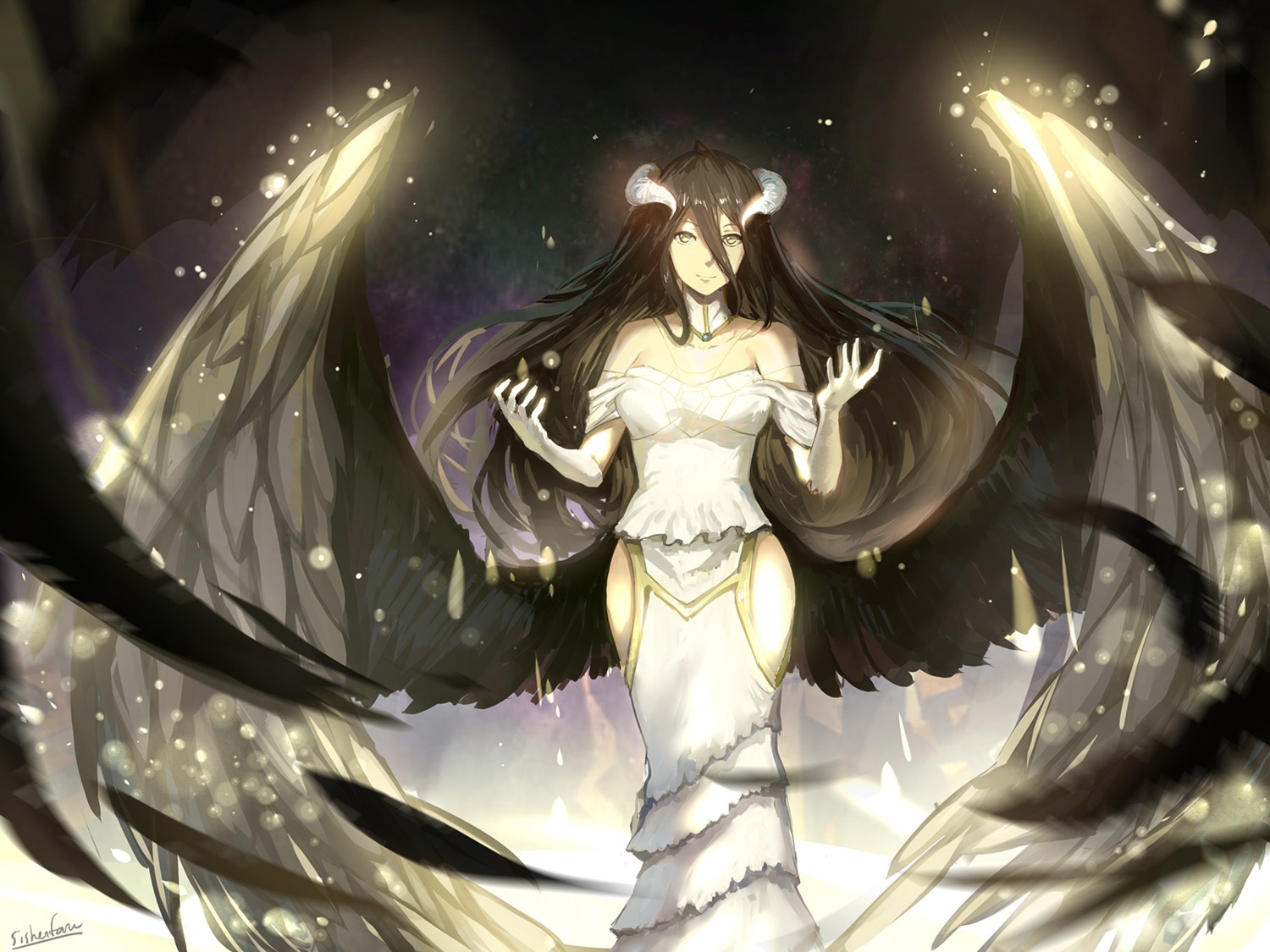 albedo_(overlord), dress, horns, overlord, sishenfan, wallpaper, wings