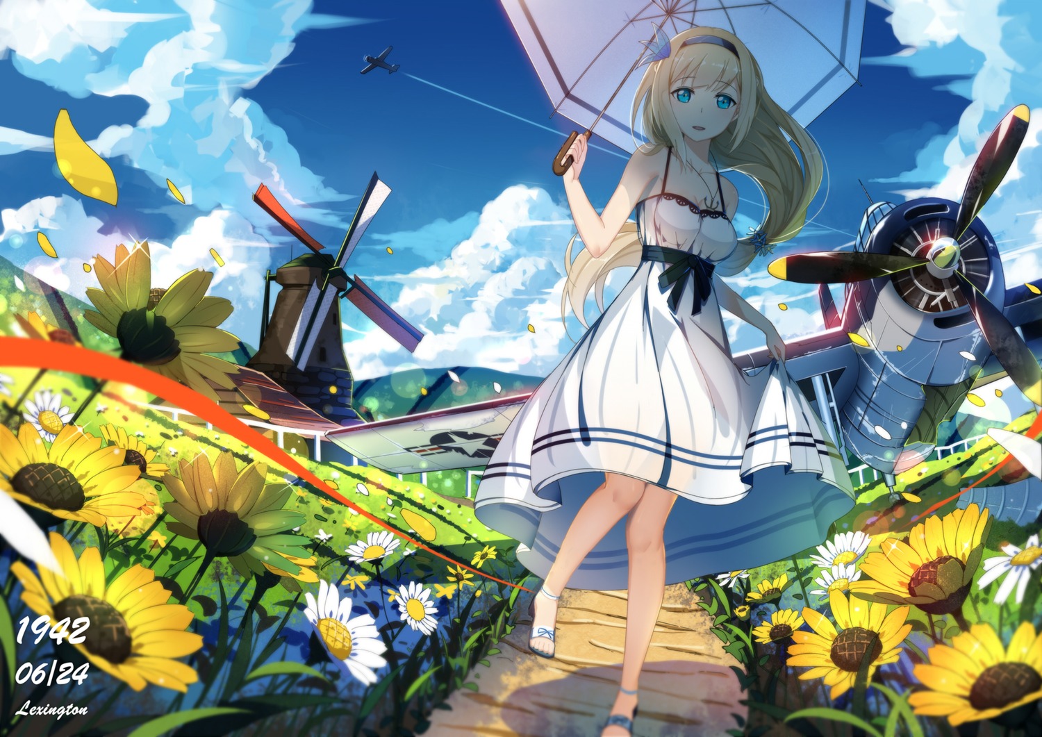 cleavage, dress, lexington_(zhanjianshaonv), lu", summer_dress, umbrella, zhanjianshaonv