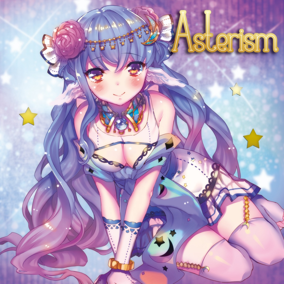 cleavage, dress, hikarino, no_bra, stockings, thighhighs