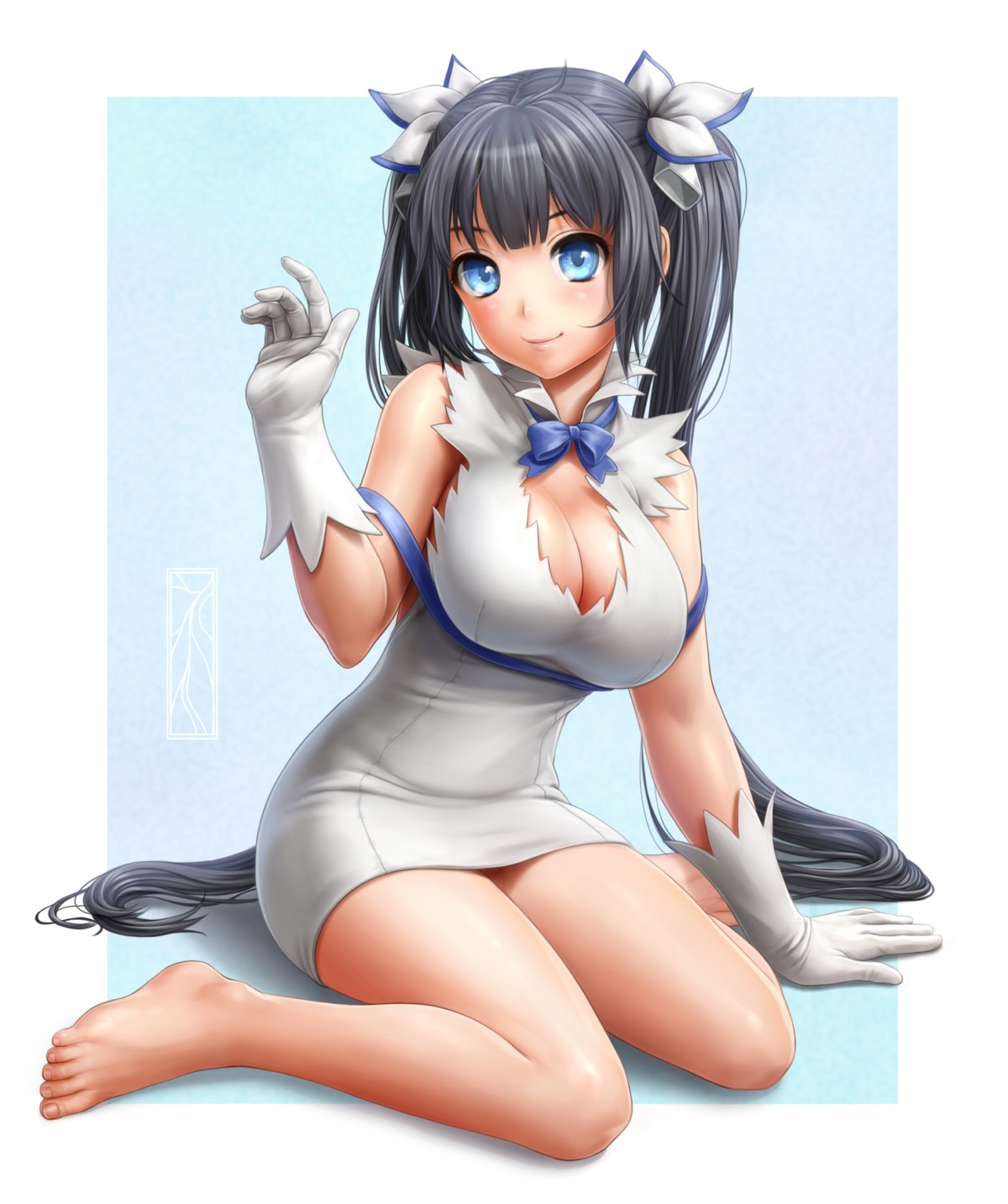 cleavage, dress, dungeon_ni_deai_wo_motomeru_no_wa_machigatteiru_darou_ka, feet, hestia_(danmachi), kotikomori, no_bra