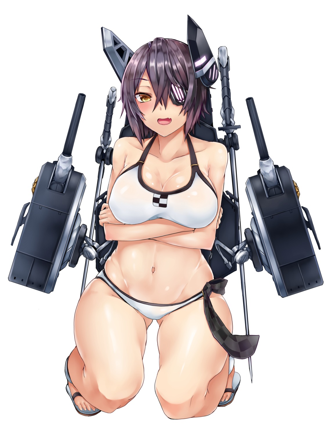 bikini, breast_hold, cleavage, eyepatch, fai, kantai_collection, swimsuits, tenryuu_(kancolle), weapon