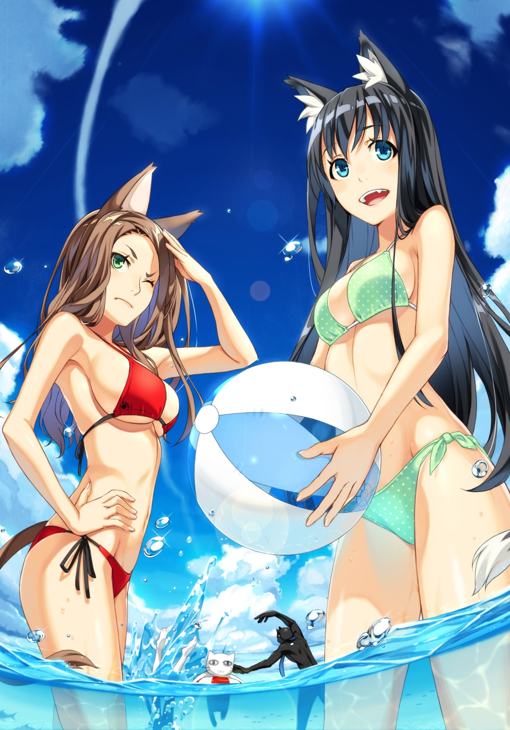 animal_ears, bikini, cleavage, kimura_(ykimu), nekomimi, swimsuits, tail, underboob