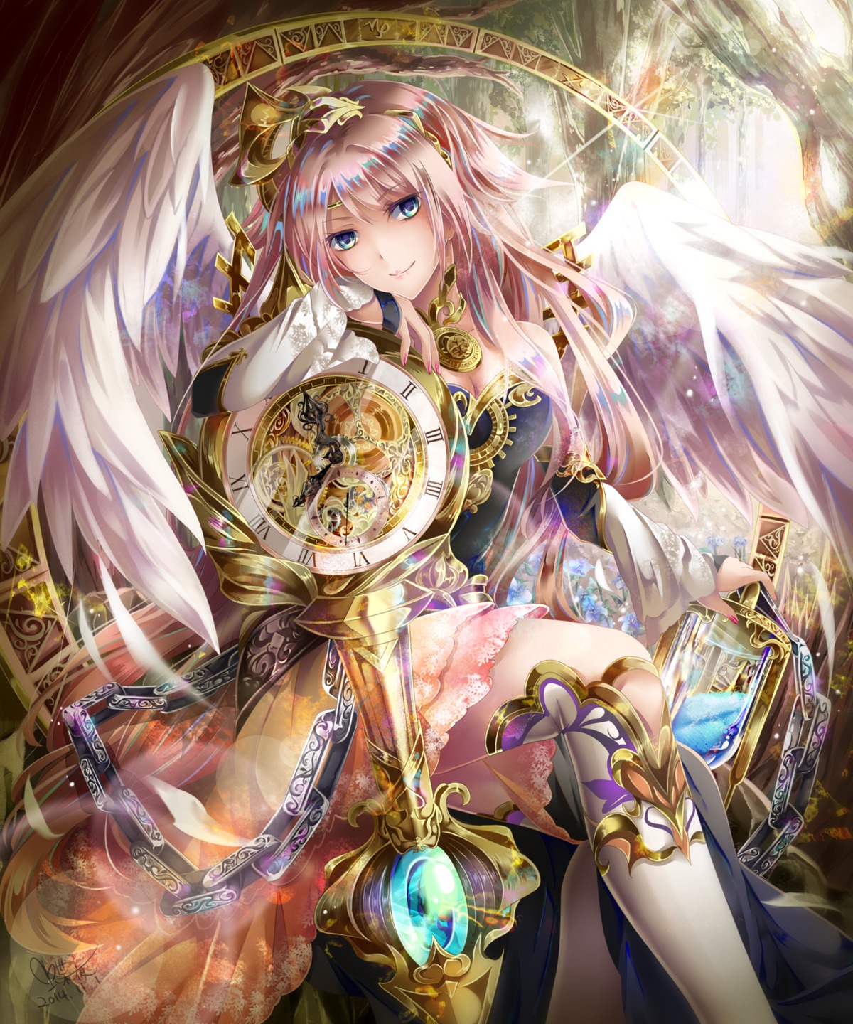 cleavage, thighhighs, tyouya, weapon, wings