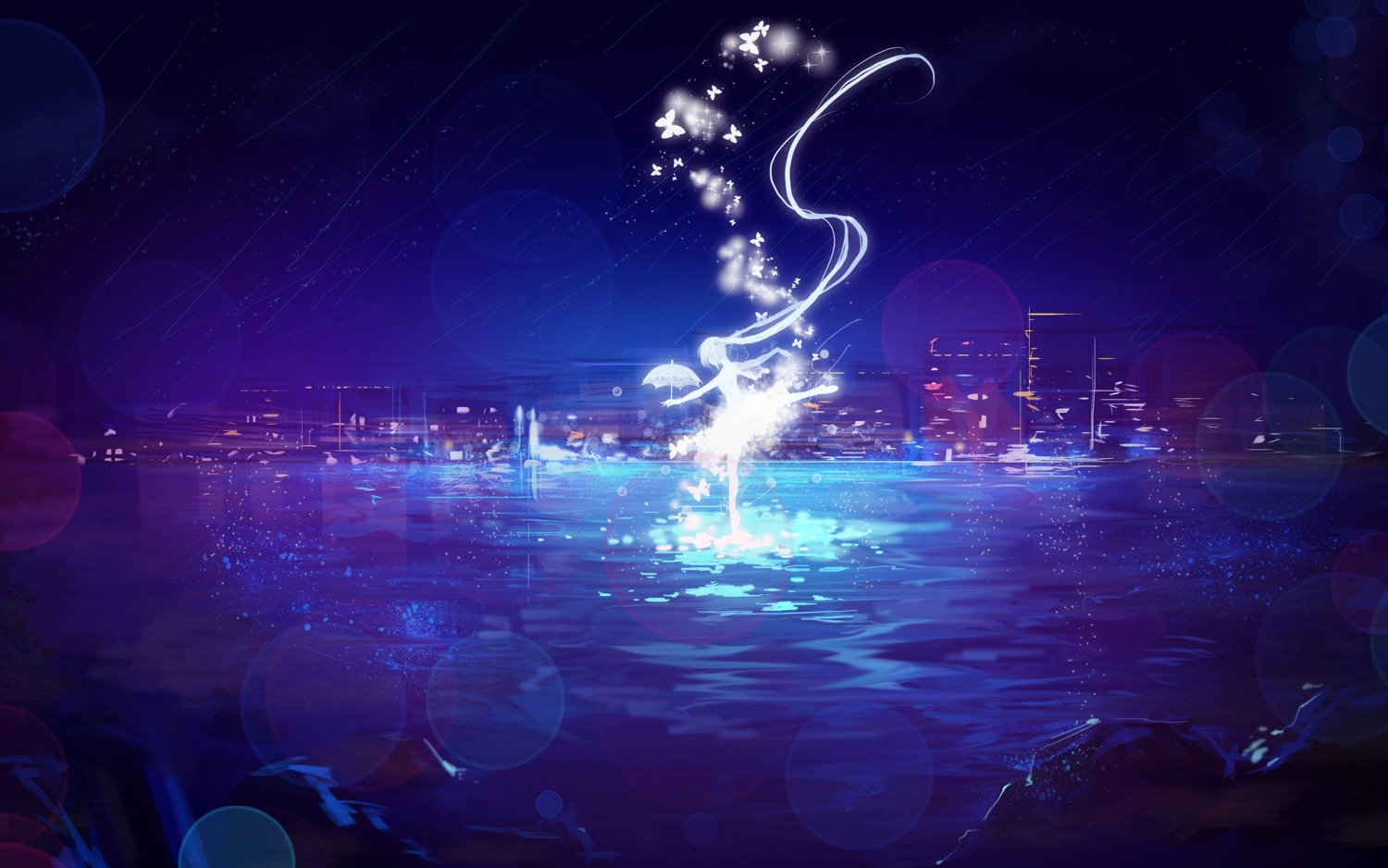 dress, hatsune_miku, landscape, miemia, umbrella, vocaloid