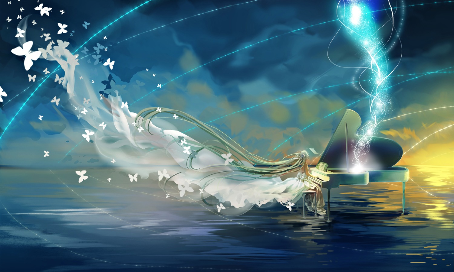 dress, hatsune_miku, landscape, miemia, no_bra, vocaloid