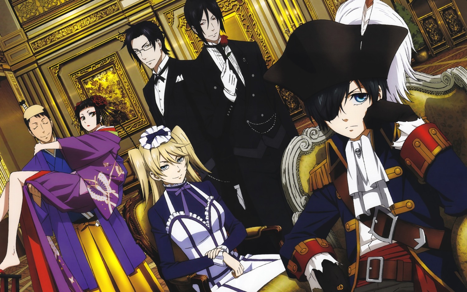 alois_trancy, ciel_phantomhive, claude_faustus, dress, kuroshitsuji, lau, maid, megane