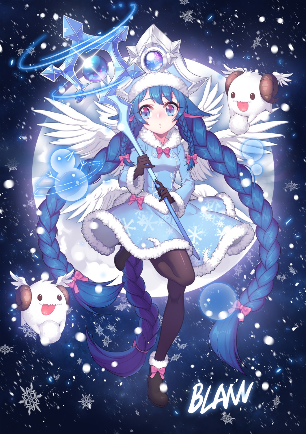 blann, dress, league_of_legends, lulu_(league_of_legends), pantyhose, pointy_ears, poro_(league_of_legends), weapon, wings