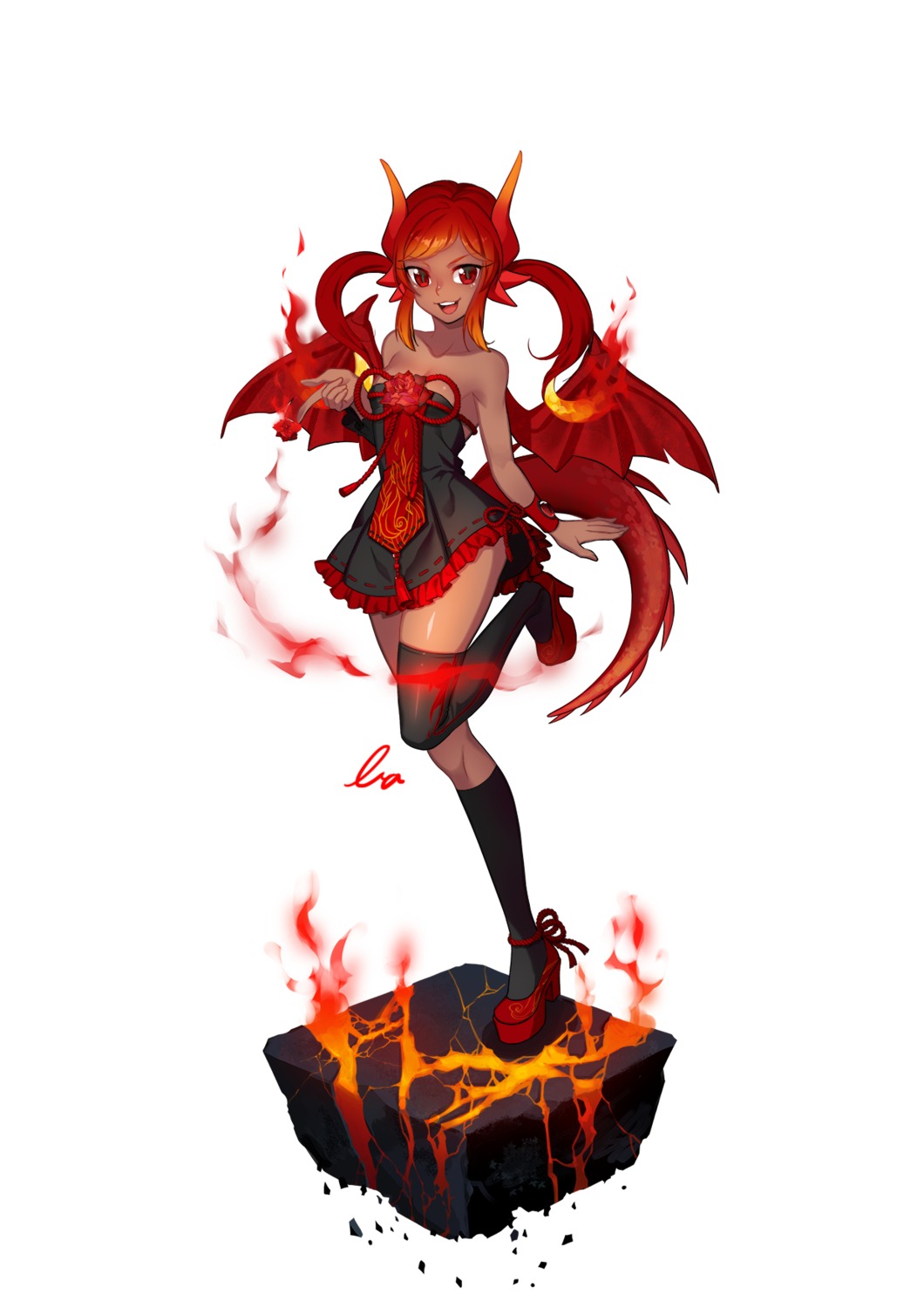 blann, cleavage, dress, heels, horns, tail, thighhighs, wings