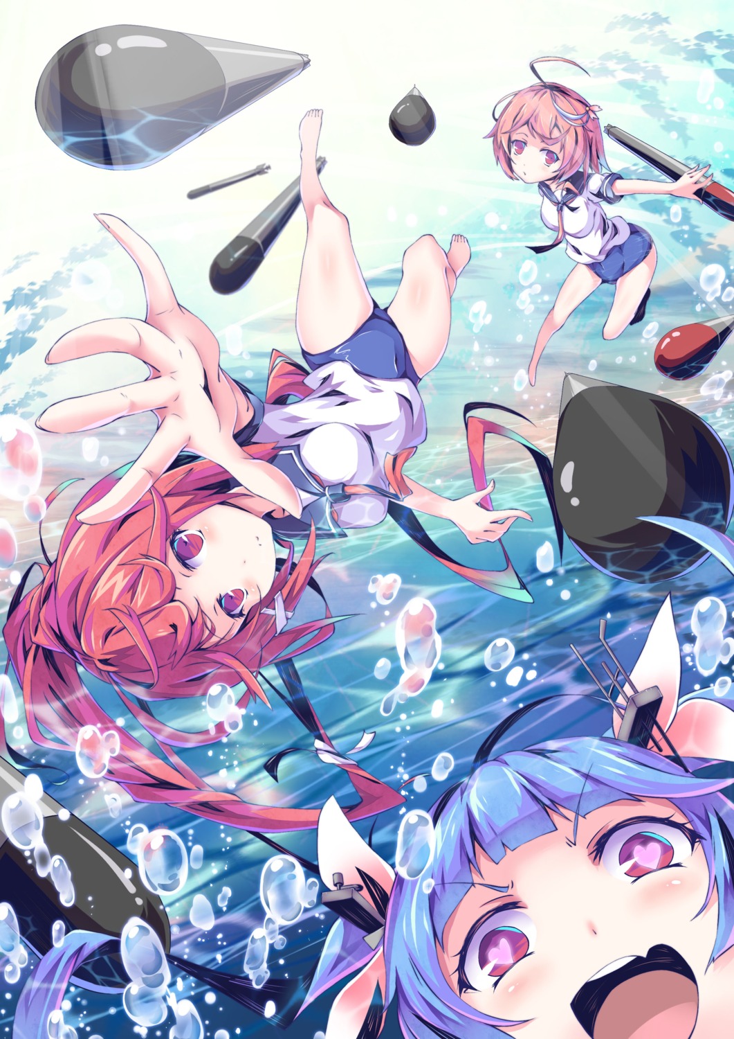 i-168_(kancolle), i-19_(kancolle), i-58_(kancolle), kantai_collection, litsvn, school_swimsuit, seifuku, swimsuits