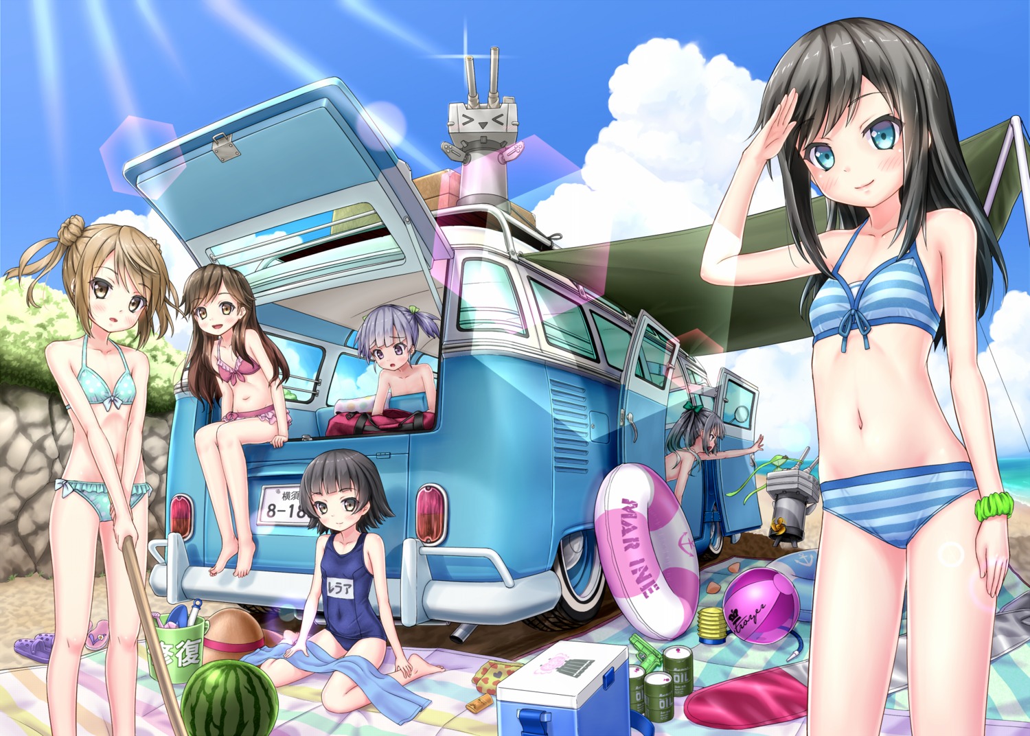 arare_(kancolle), arashio_(kancolle), asashio_(kancolle), bikini, cleavage, gotou_hisashi, kantai_collection, kasumi_(kancolle), michishio_(kancolle), naked, ooshio_(kancolle), rensouhou-chan, school_swimsuit, swimsuits