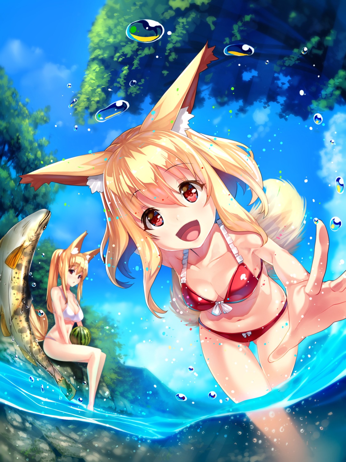 animal_ears, bikini, cleavage, kitsune, swimsuits, tail, wet, yuuji_(yukimimi)