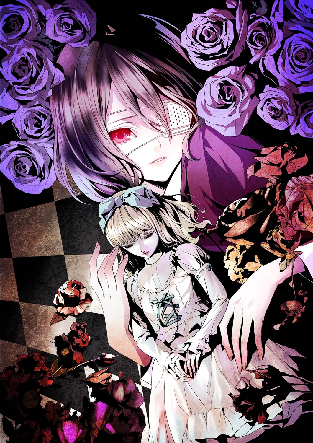 another, eyepatch, gothic_lolita, kiyohara_hiro, lolita_fashion, misaki_mei, monochrome, seifuku