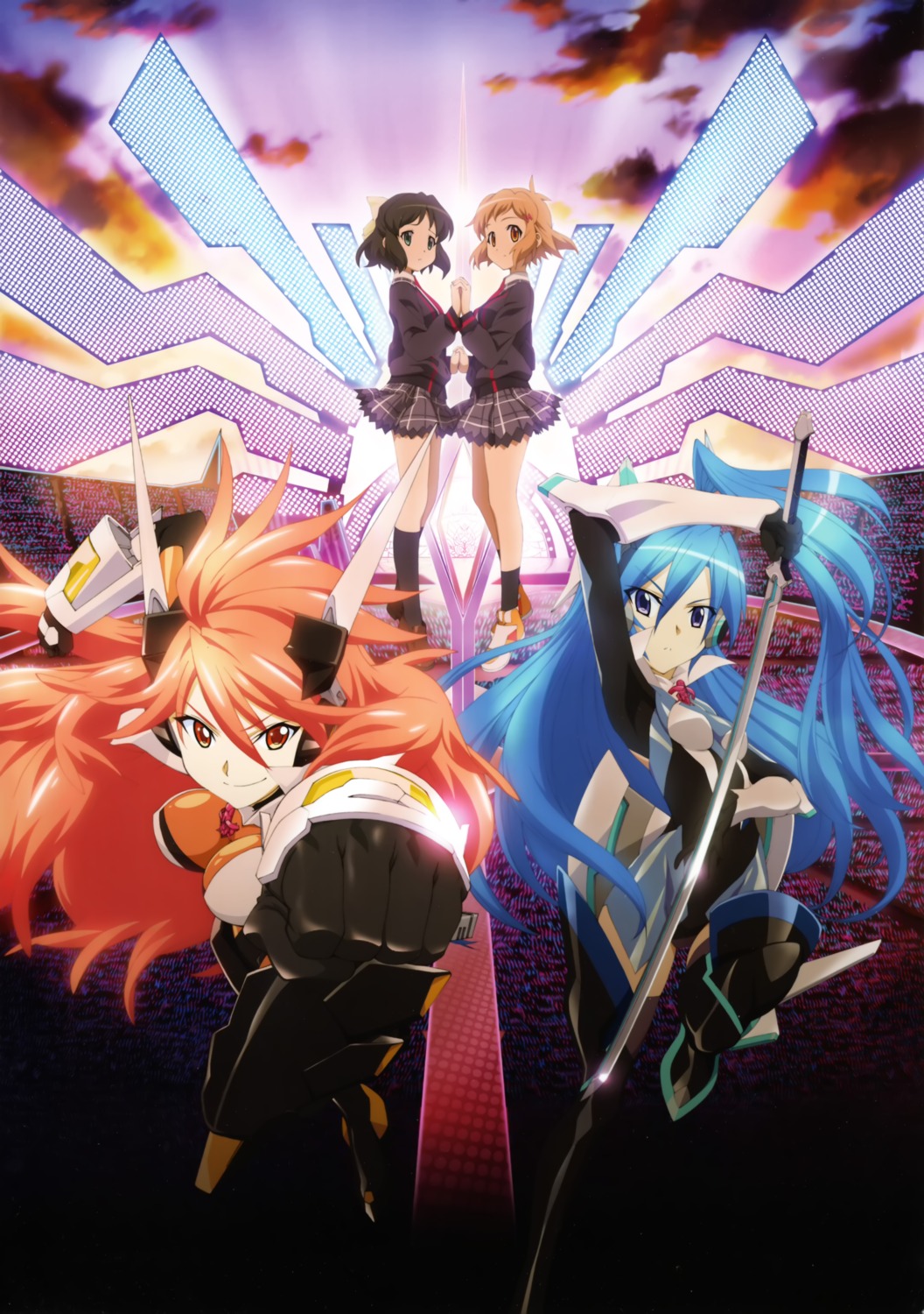 amou_kanade, bodysuit, headphones, kazanari_tsubasa, kohinata_miku, koike_satoshi, seifuku, senki_zesshou_symphogear