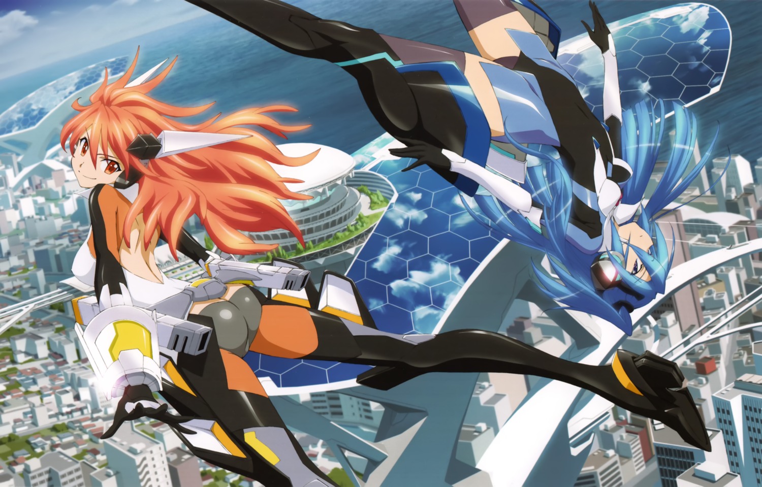 amou_kanade, ass, bodysuit, fujimoto_satoru, headphones, heels, kazanari_tsubasa, no_bra