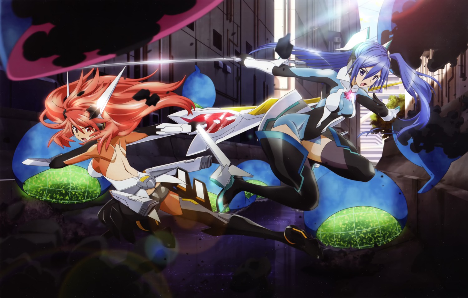 amou_kanade, ass, bodysuit, fujimoto_satoru, headphones, heels, kazanari_tsubasa, no_bra