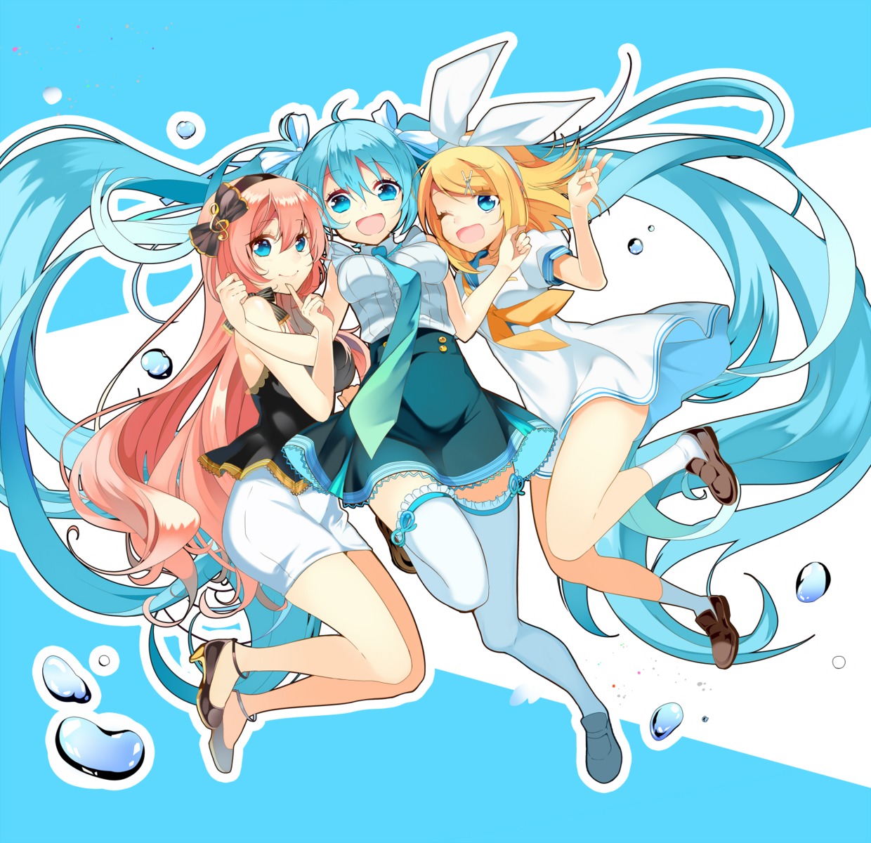 hatsune_miku, heels, kagamine_rin, megurine_luka, seifuku, temari_(artist), thighhighs, vocaloid