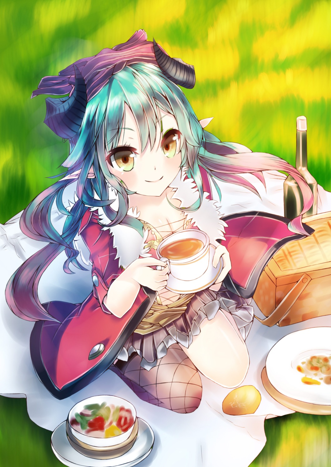 cleavage, fishnets, horns, pointy_ears, thighhighs, yamika