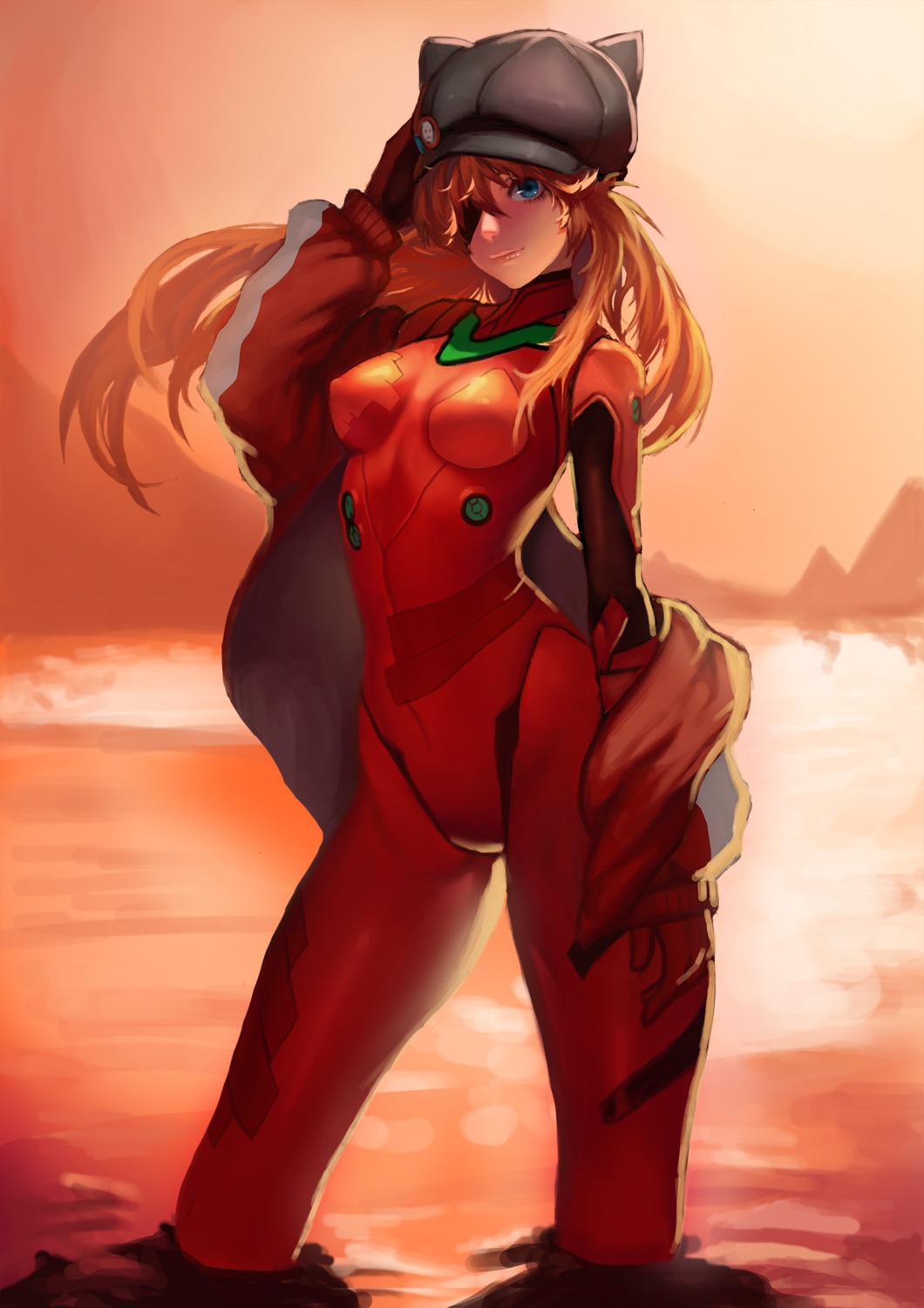 bodysuit, erect_nipples, eyepatch, neon_genesis_evangelion, open_shirt, ray_(nagaseray), souryuu_asuka_langley, wet